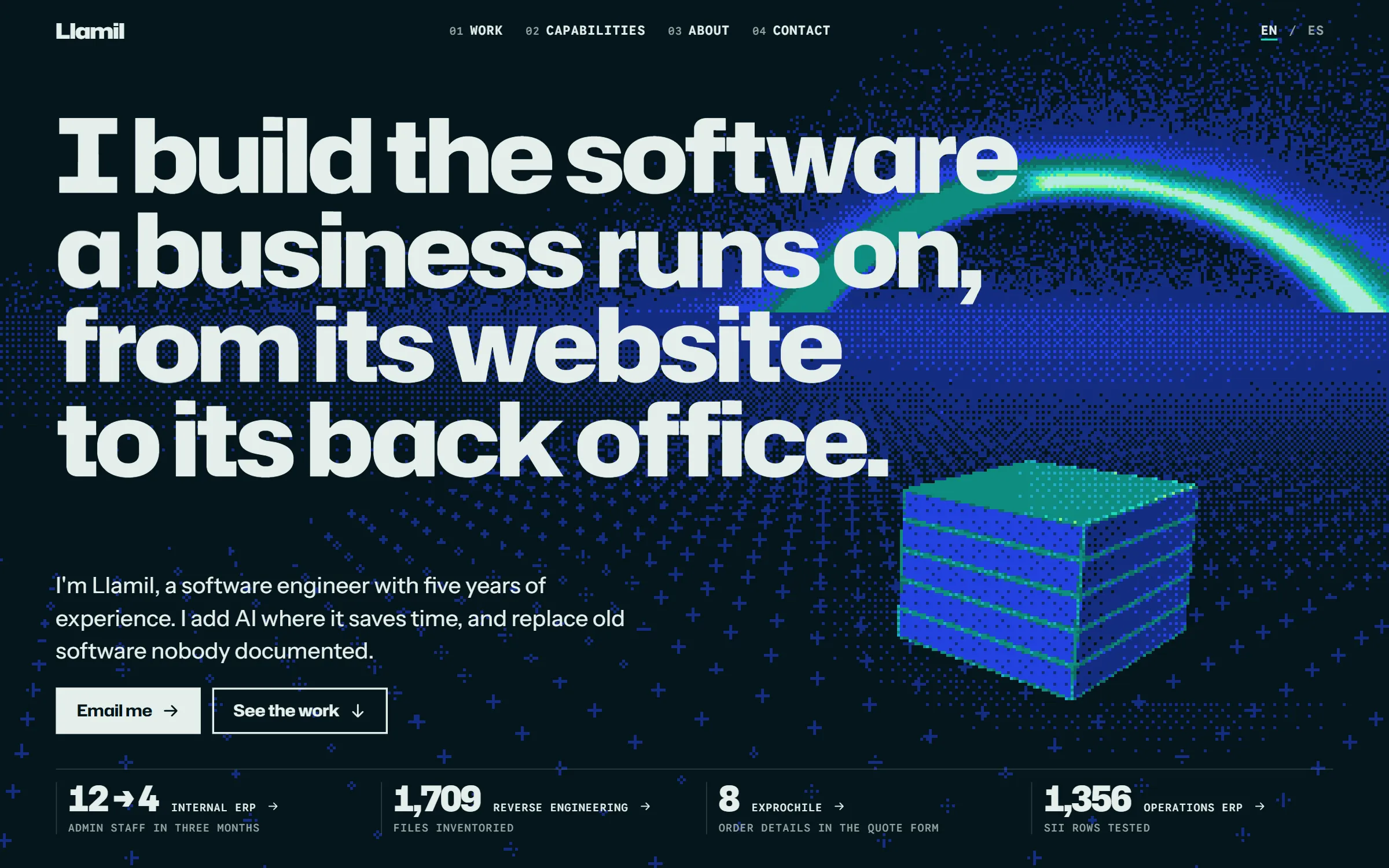 The home page of this site: the headline in large type across the top, a black box of stacked plates standing on a marked floor at the right with an arc of dithered blue and green light behind it, and along the foot a figure from each case.