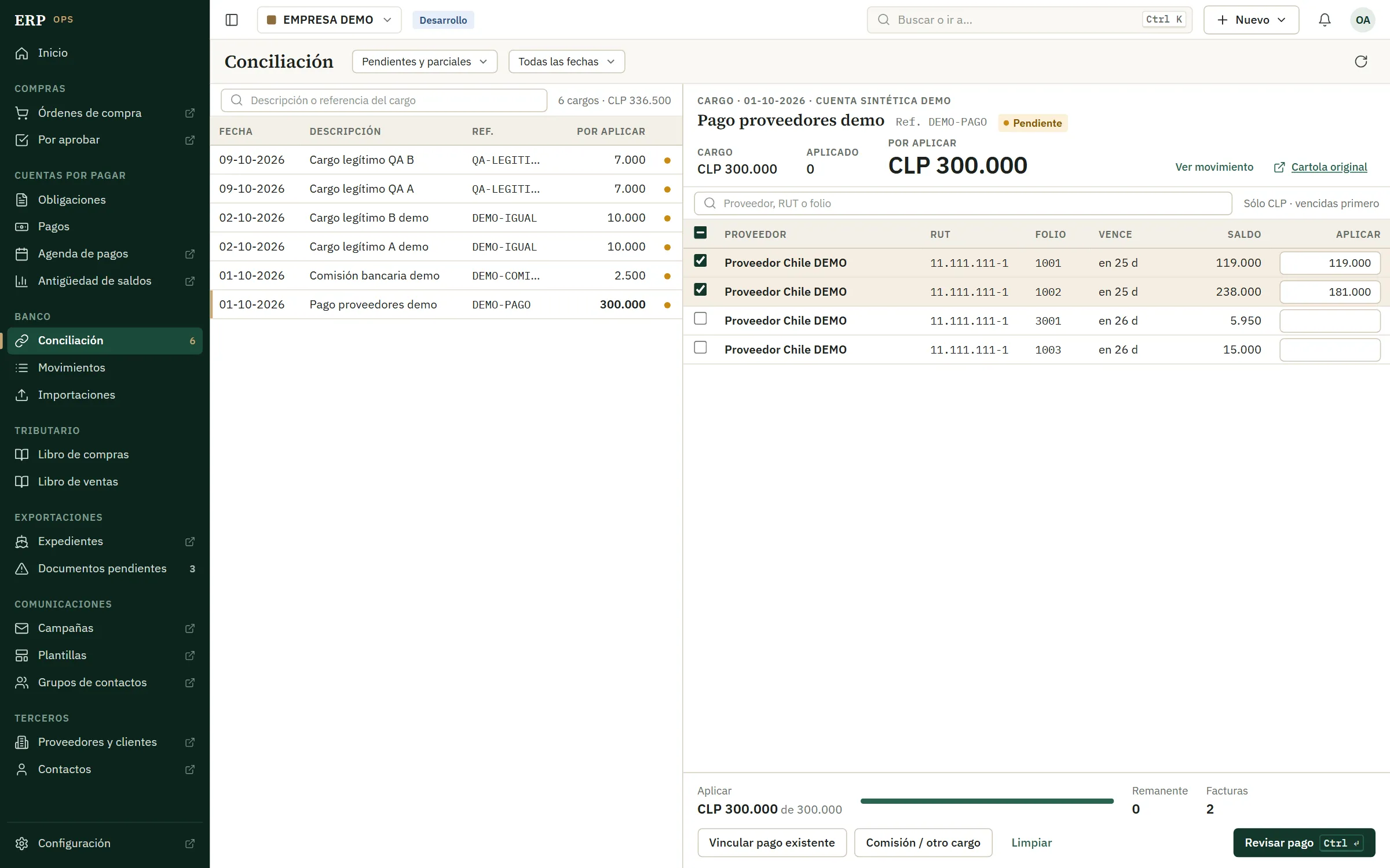 The ERP's reconciliation screen, with sample data. On the left, bank charges waiting to be applied; one charge of CLP 300,000 is selected. On the right, the supplier's pending invoices, with 119,000 and 181,000 entered against two of them, and at the foot a bar showing the whole charge applied, nothing left over, and a button to review the payment.