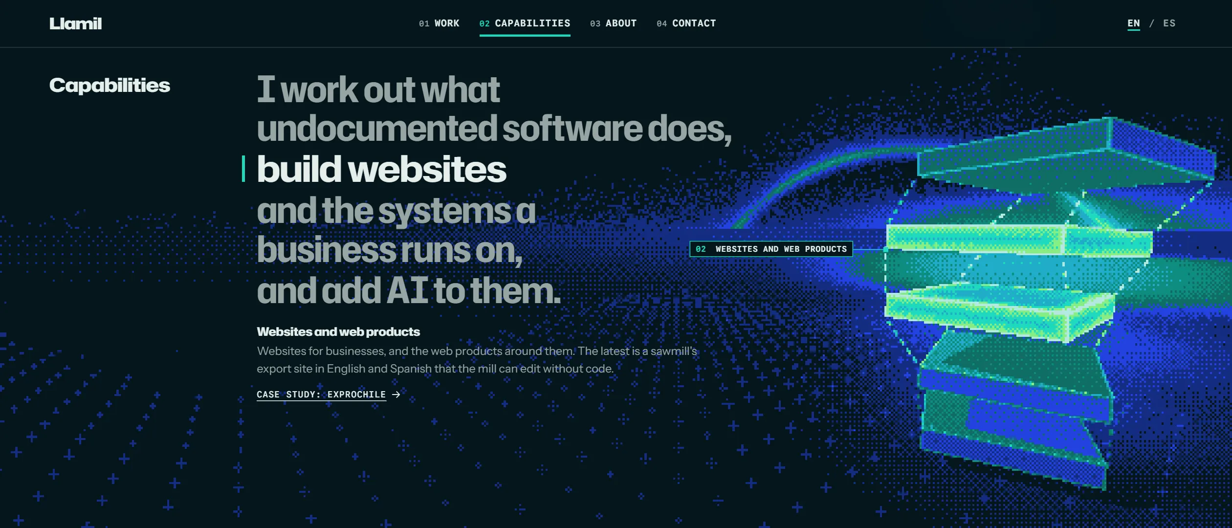 The home page's Capabilities section: on the left the sentence, its second clause, build websites, in white with its note below; on the right the black box taken apart above a floor marked with crosses, the plates for websites filled with green light and labeled 02, Websites and web products.