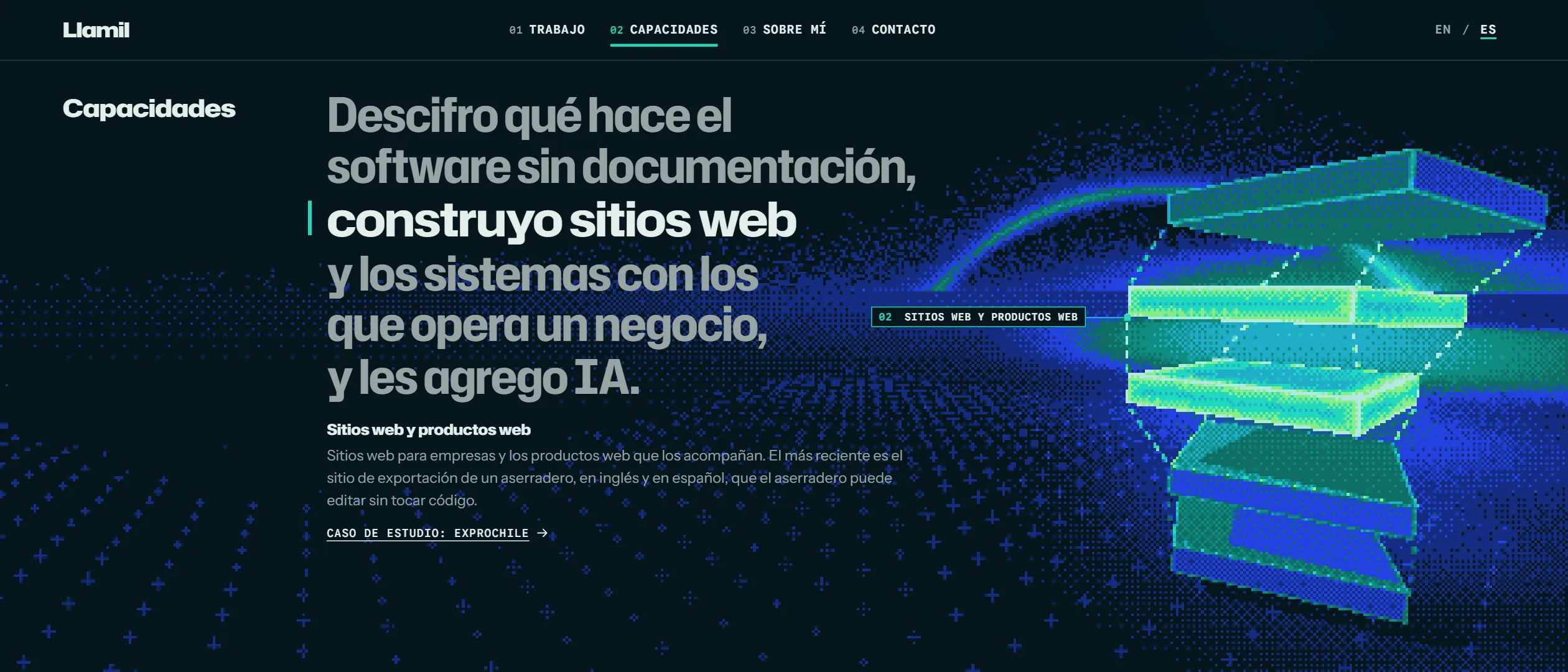 La sección de capacidades de la portada: a la izquierda la frase, con su segunda parte, construyo sitios web, en blanco y su nota debajo; a la derecha la caja negra desarmada sobre un piso marcado con cruces, con las placas de los sitios web llenas de luz verde y la etiqueta 02, Sitios web y productos web.