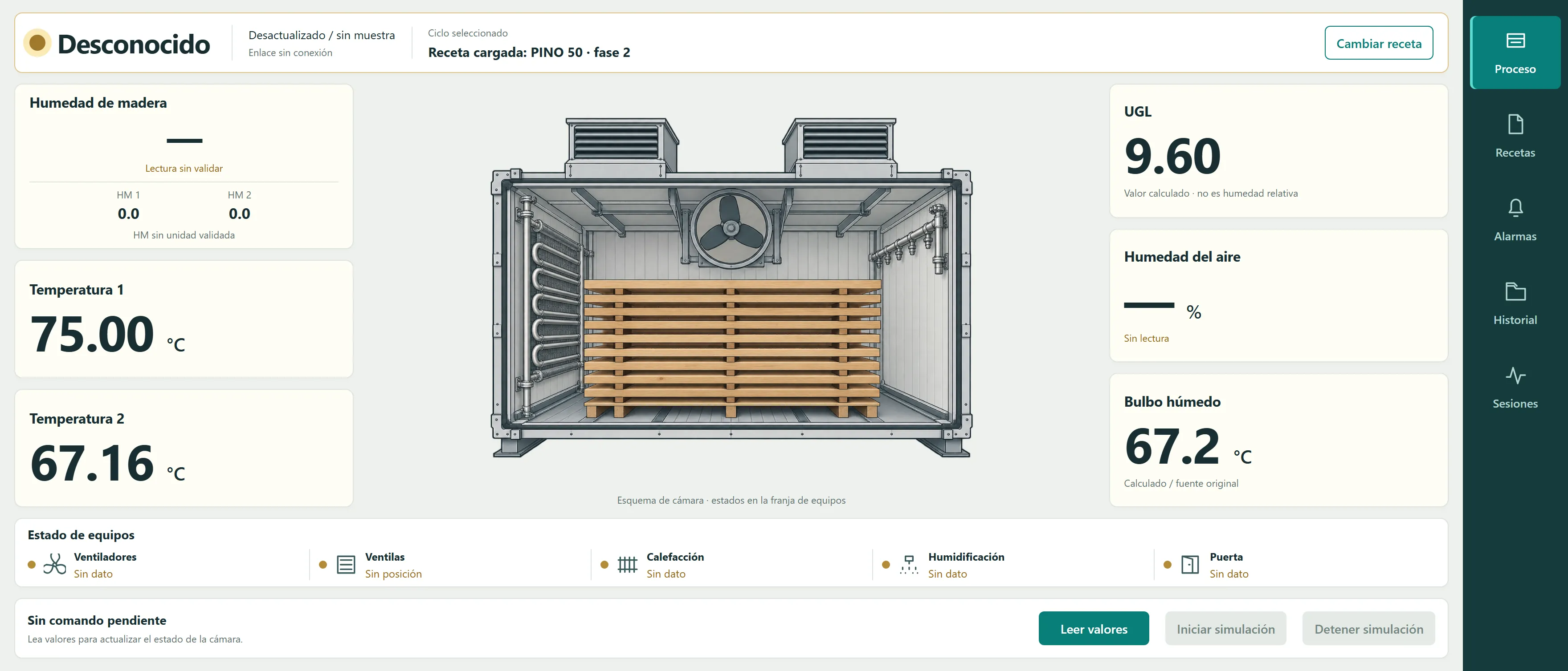 The same screen after the simulated link to the kiln is lost: the last readings stay on screen, the process state reads unknown, the sample is marked stale and the link disconnected, and start and stop are disabled until the link is restored.