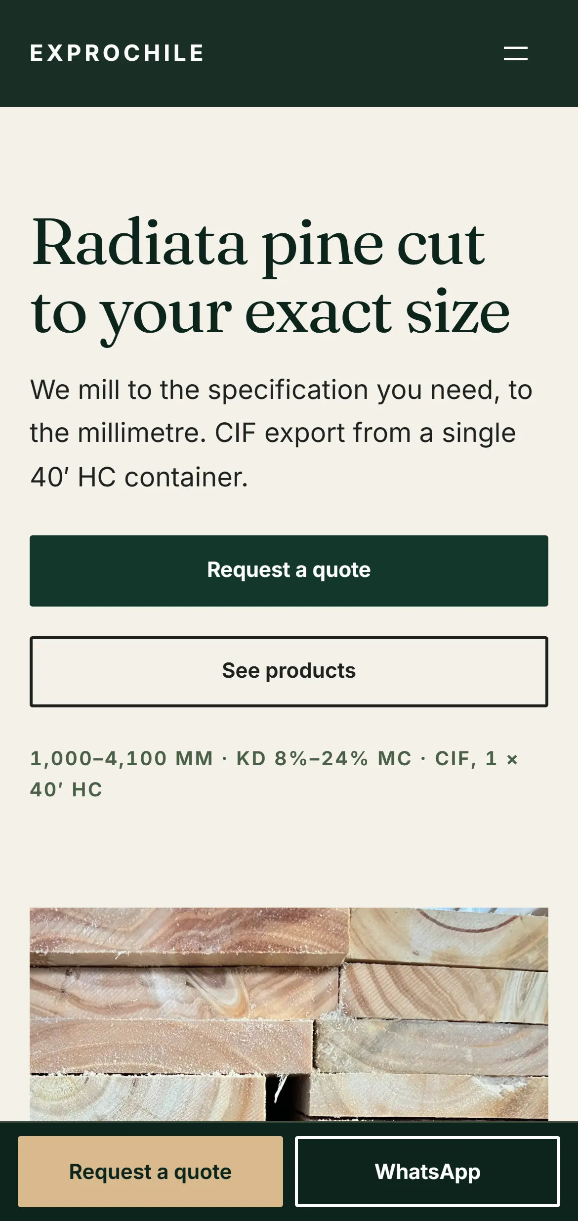 The home page of exprochile.com on a phone: the headline, the buttons to request a quote and see products, and the specification line, with a bar fixed to the bottom of the screen holding a quote button and a WhatsApp button.